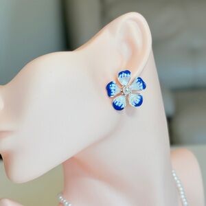 Blue Enamel Flower Stud Earrings by